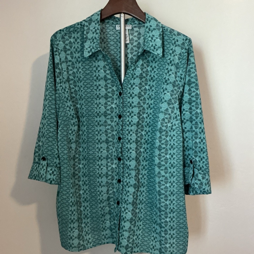 Catherine's size 0X 14W/ 16W Abstract Green‎ Button Down 3/4 Sleeve